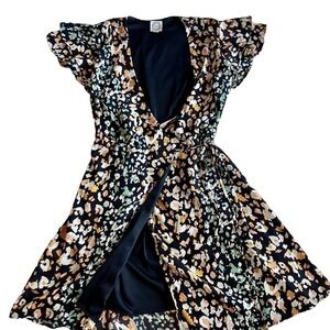 Blue Rain Women’s Wrap Dress Size Medium Midi Flutter Sleeves Floral Blue Boho